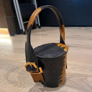 Louise et Cie Cognac and Dark Brown Croc Embossed Leather Bucket Hand Bag